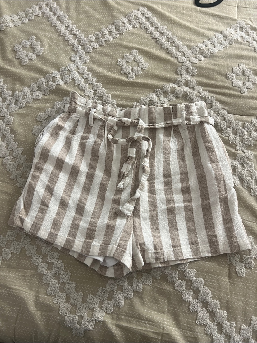 Pink Lily Beige & White Striped Tie Shorts